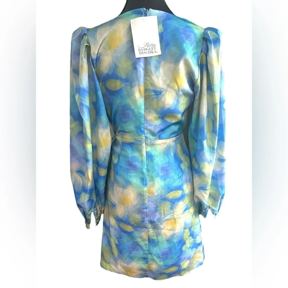 NWT Badgley Mischka Blue & Yellow Watercolor Long Sleeve Satiny Wrap Dress - Picture 6 of 10